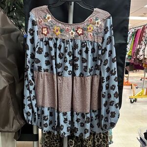 ODDY Floral Patchwork Blouse - Blue and Brown